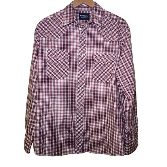 Wrangler Western Shirt Plaid Pearl‎ Snap Button Long Sleeve Red White Size Large - Picture 1 of 7
